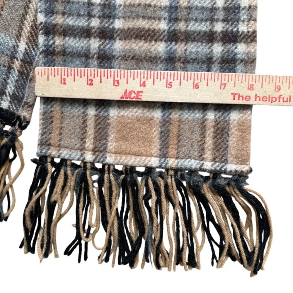 Unisex Adult Wrap Scarf Wool Beige Grey Tartan Plaid Check Fringe Fall Winter